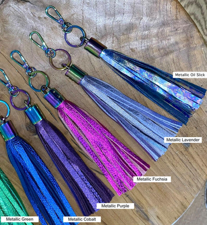 Metallic Leather tassel, bag charm, leather key ring