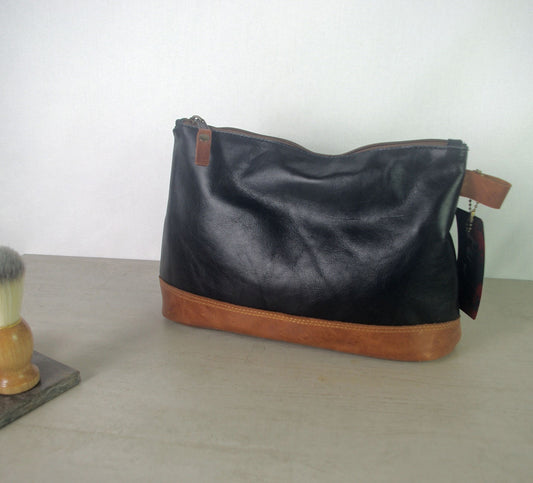 Vintage Black Leather toiletry bag, cognac contrast, Leather Dopp Kit