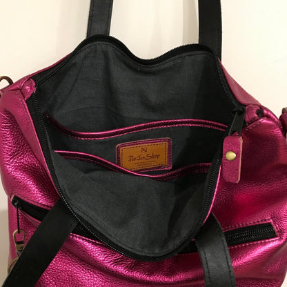 Purple Metallic Leather Backpack with Optional Tote Straps