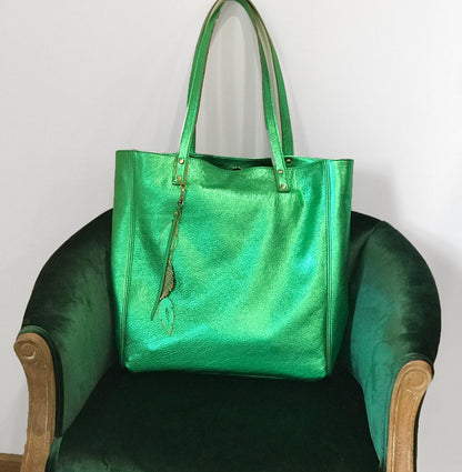 Emerald Green Metallic Leather Tote, free leather purse