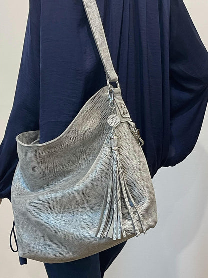 Silver Shimmer on Grey Print Hobo Bag, adjustable shoulder bag