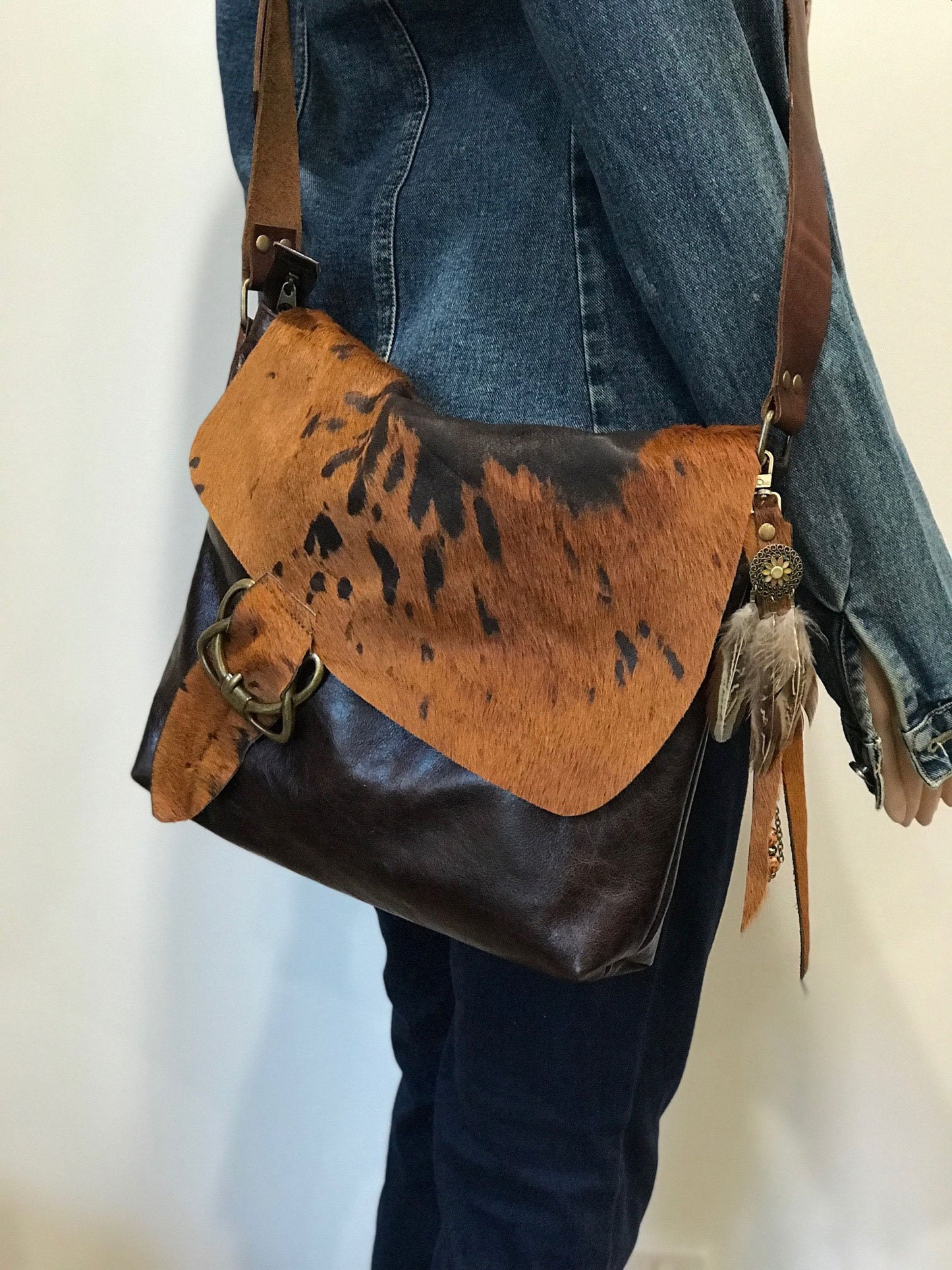Cowhide Celtic Leather Crossbody, wide strap, OOAK cowhide