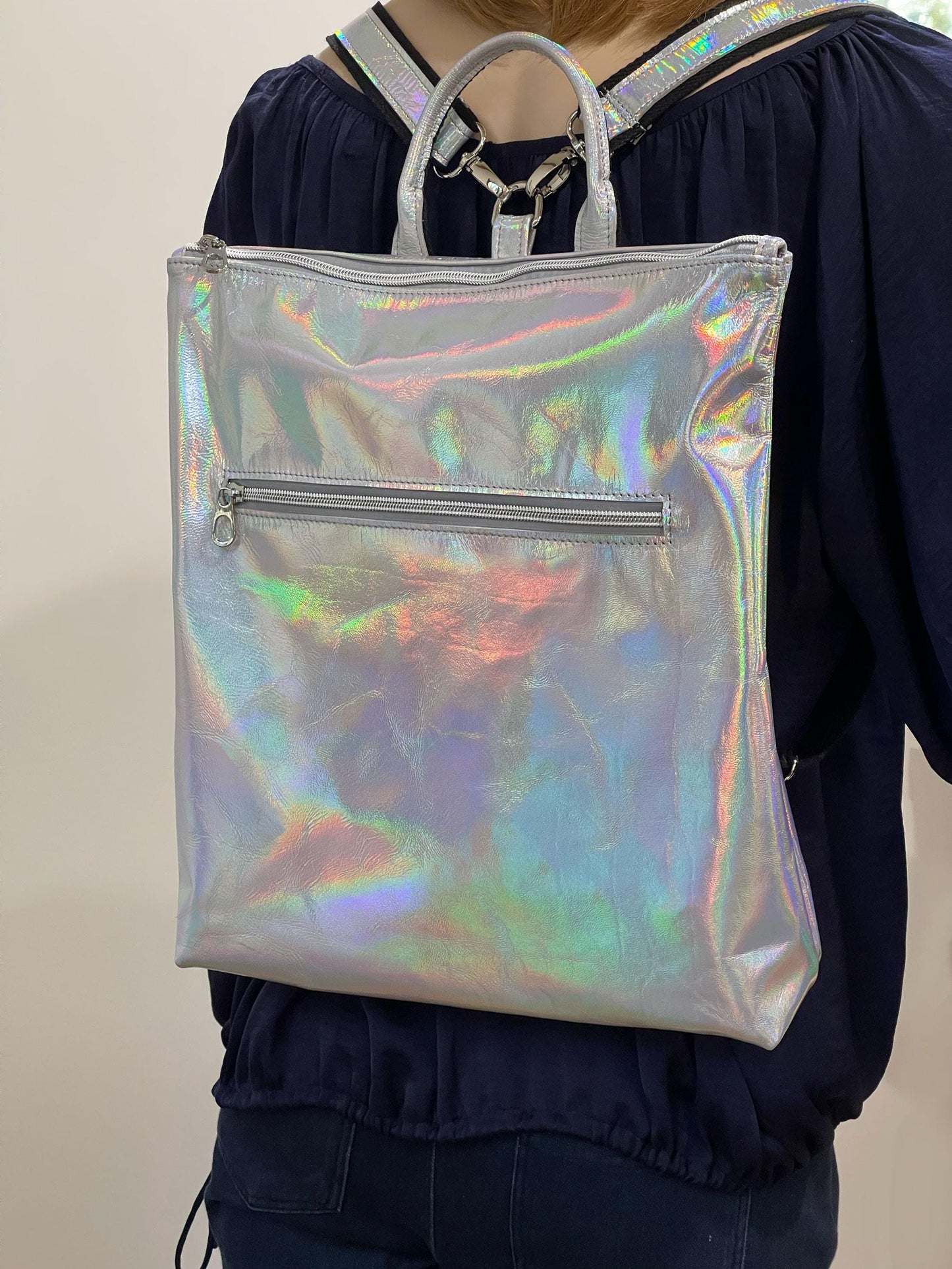 Holographic Silver leather backpack and tote