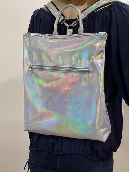 Holographic Silver leather backpack and tote