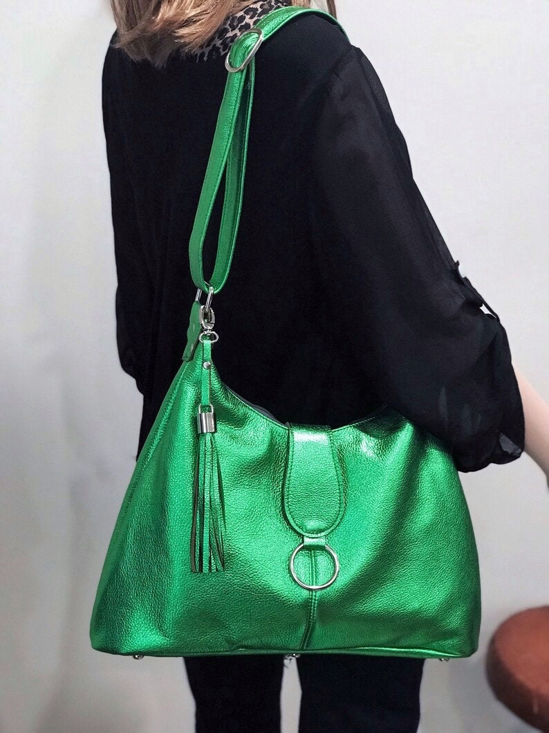 Metallic green Leather zipper purse