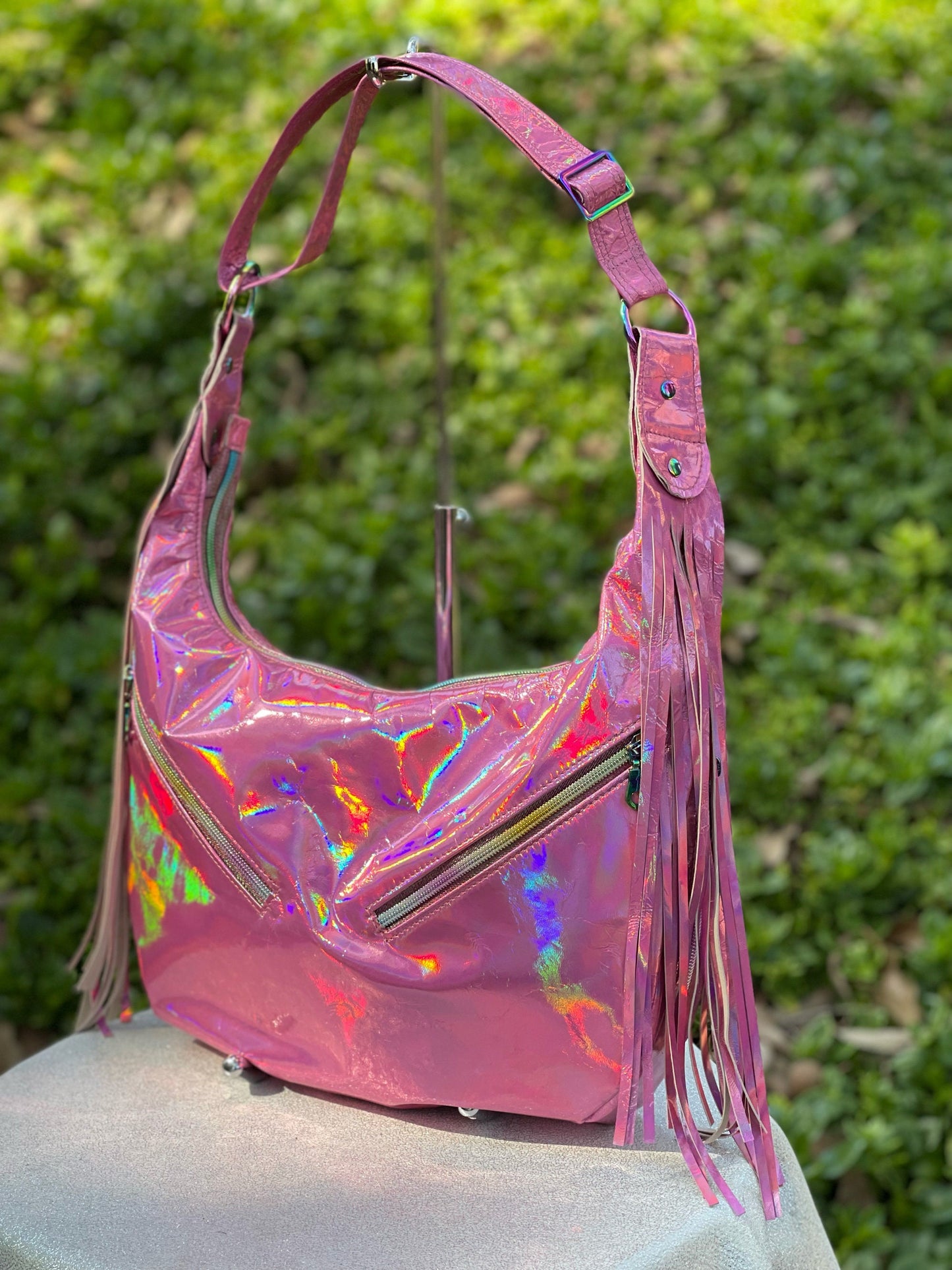 Holographic Pink Leather Hobo, Italian pink leather
