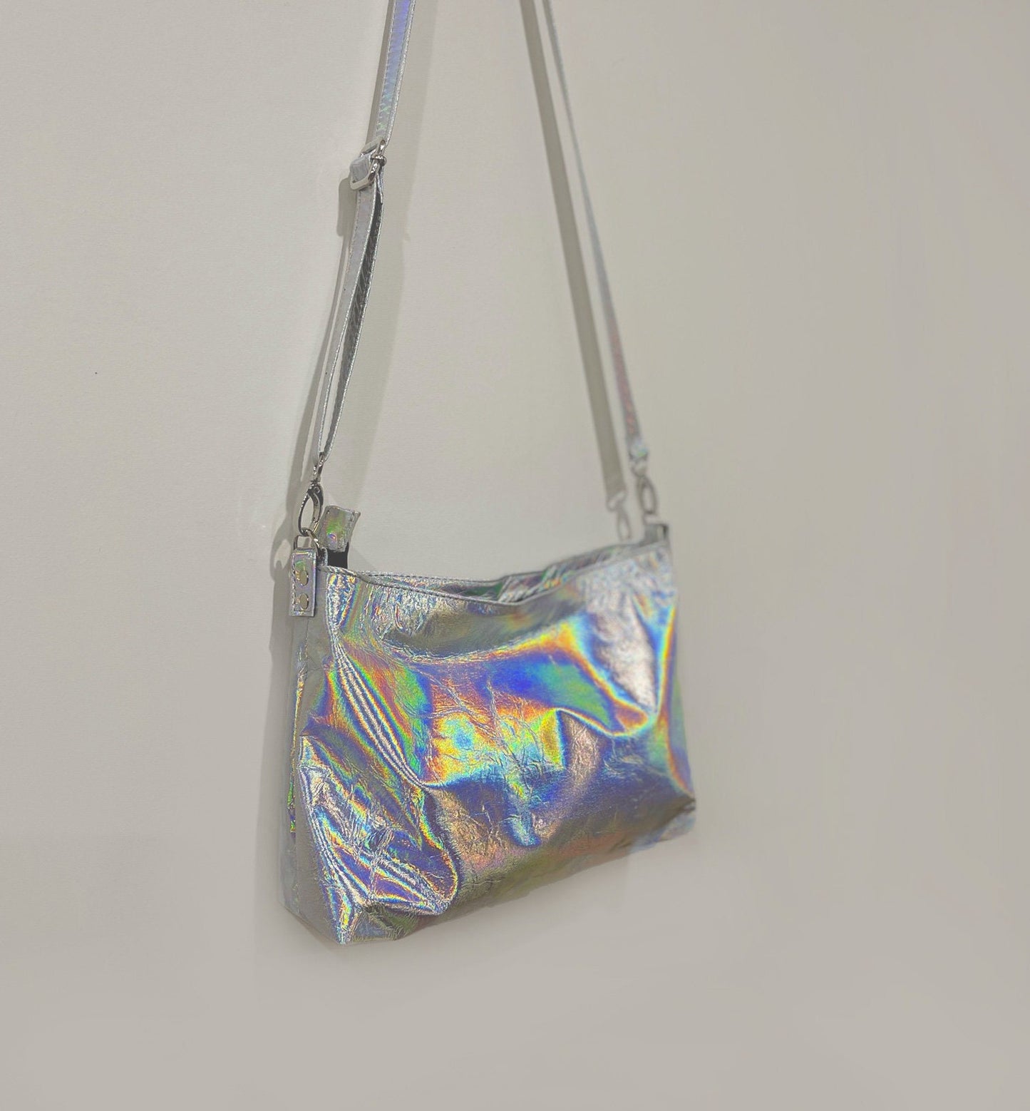 Smaller Holographic Silver crossbody bag, Italian holo leather