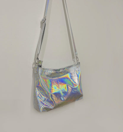 Smaller Holographic Silver crossbody bag, Italian holo leather