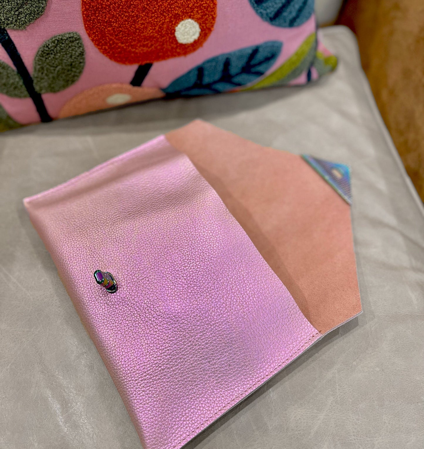 Iridescent Pink Leather clutch, Metallic, iridescent clutch purse