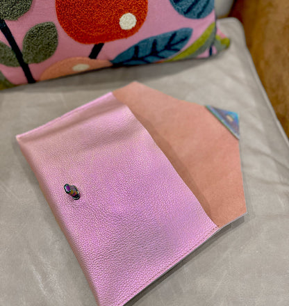 Iridescent Pink Leather clutch, Metallic, iridescent clutch purse