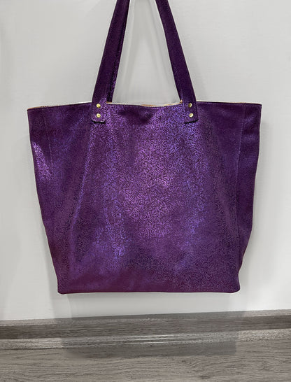 Metallic purple Tote, soft Florentine Italian print metallic leather, free zipper purse