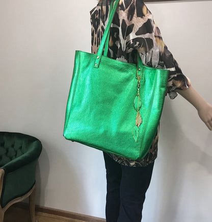 Emerald Green Metallic Leather Tote, free leather purse