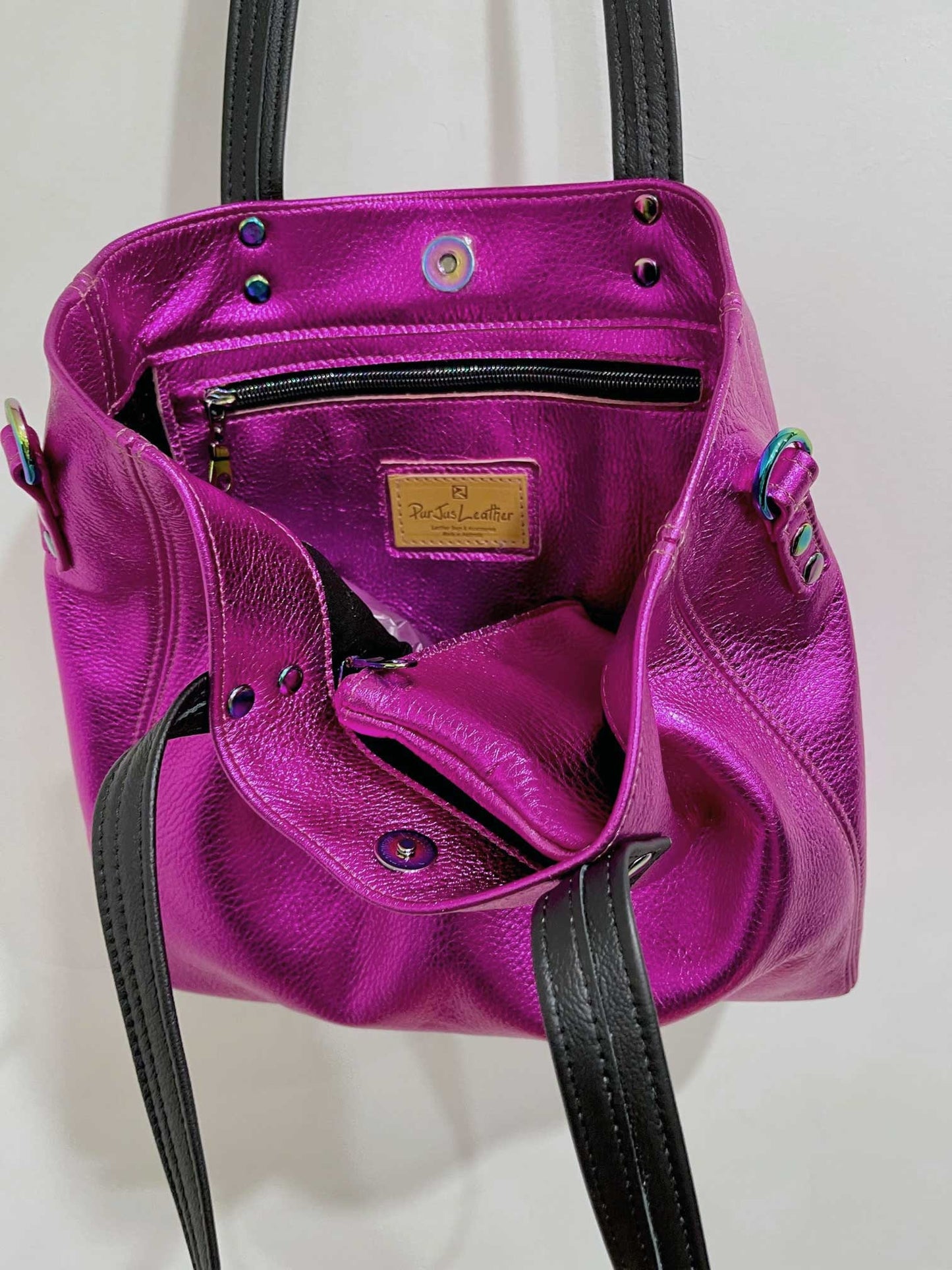 Fuchsia Pink Metallic Leather Tote, free leather purse