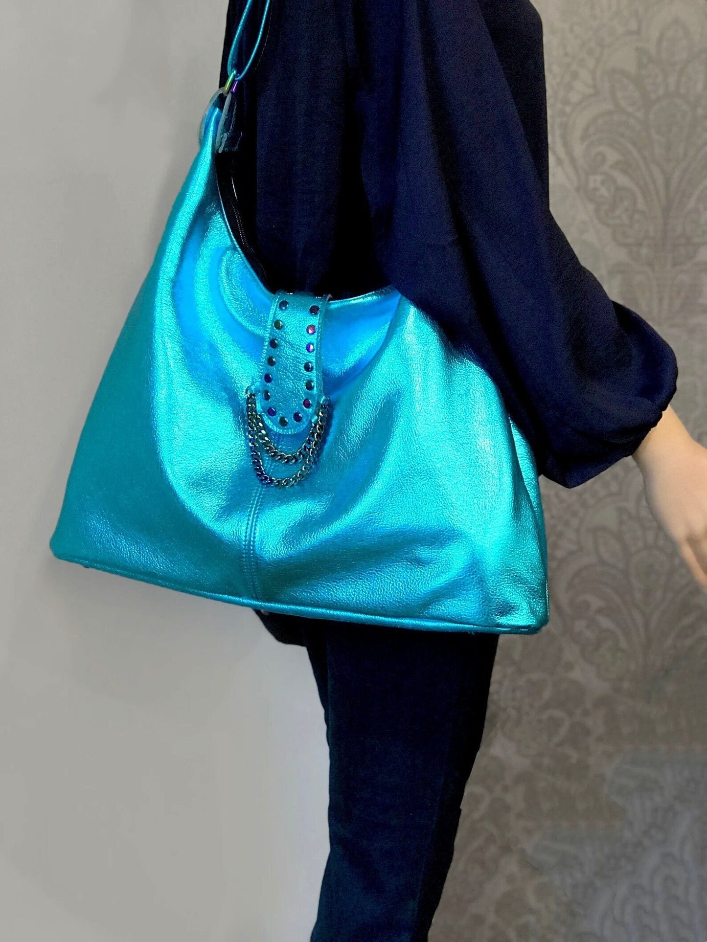 Rainbow hardware Metallic turquoise Italian Hobo, 2 sizes