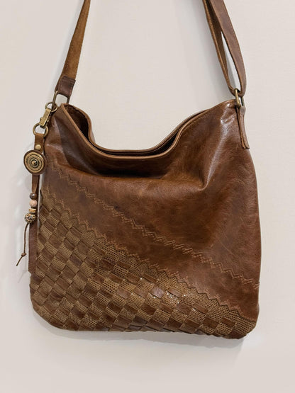 Hand woven vintaged chocolate brown leather Boho crossbody Bag magnet close IN STOCK