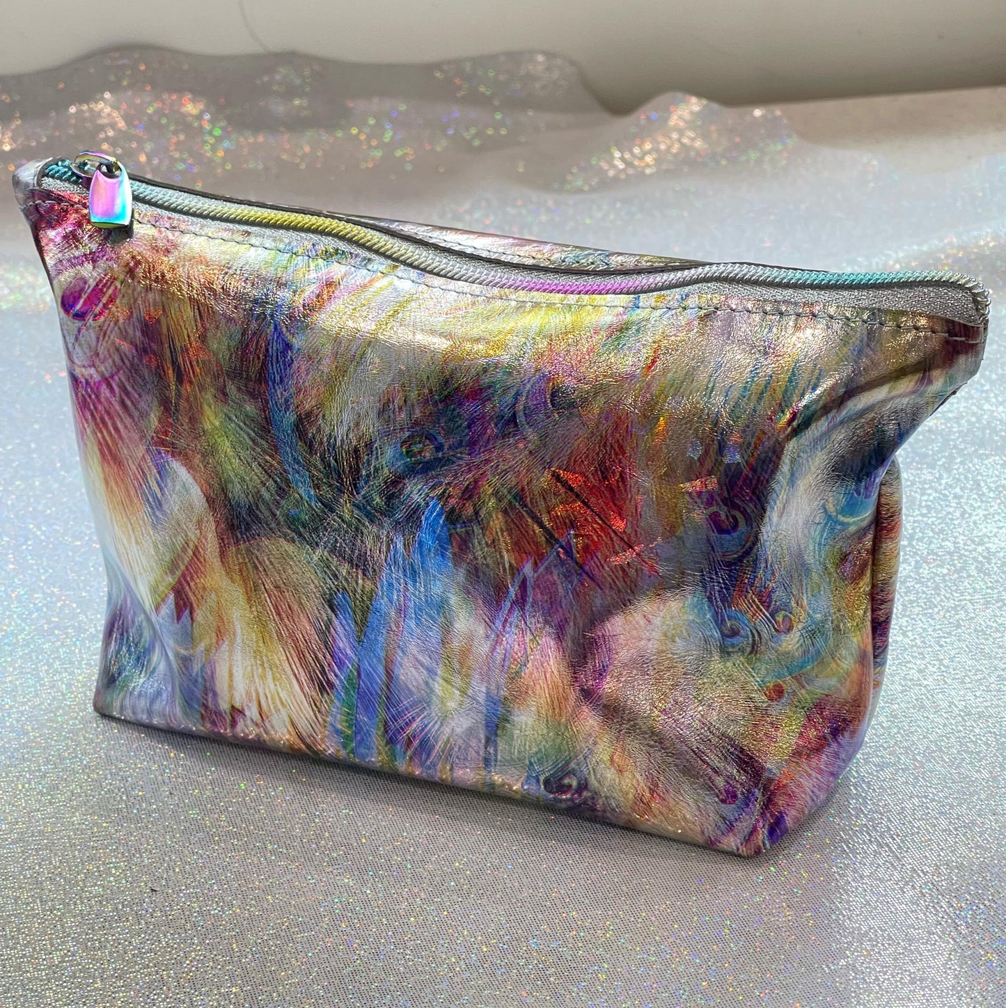 Iridescent multicoloured Abstract feathers print Leather makeup purse