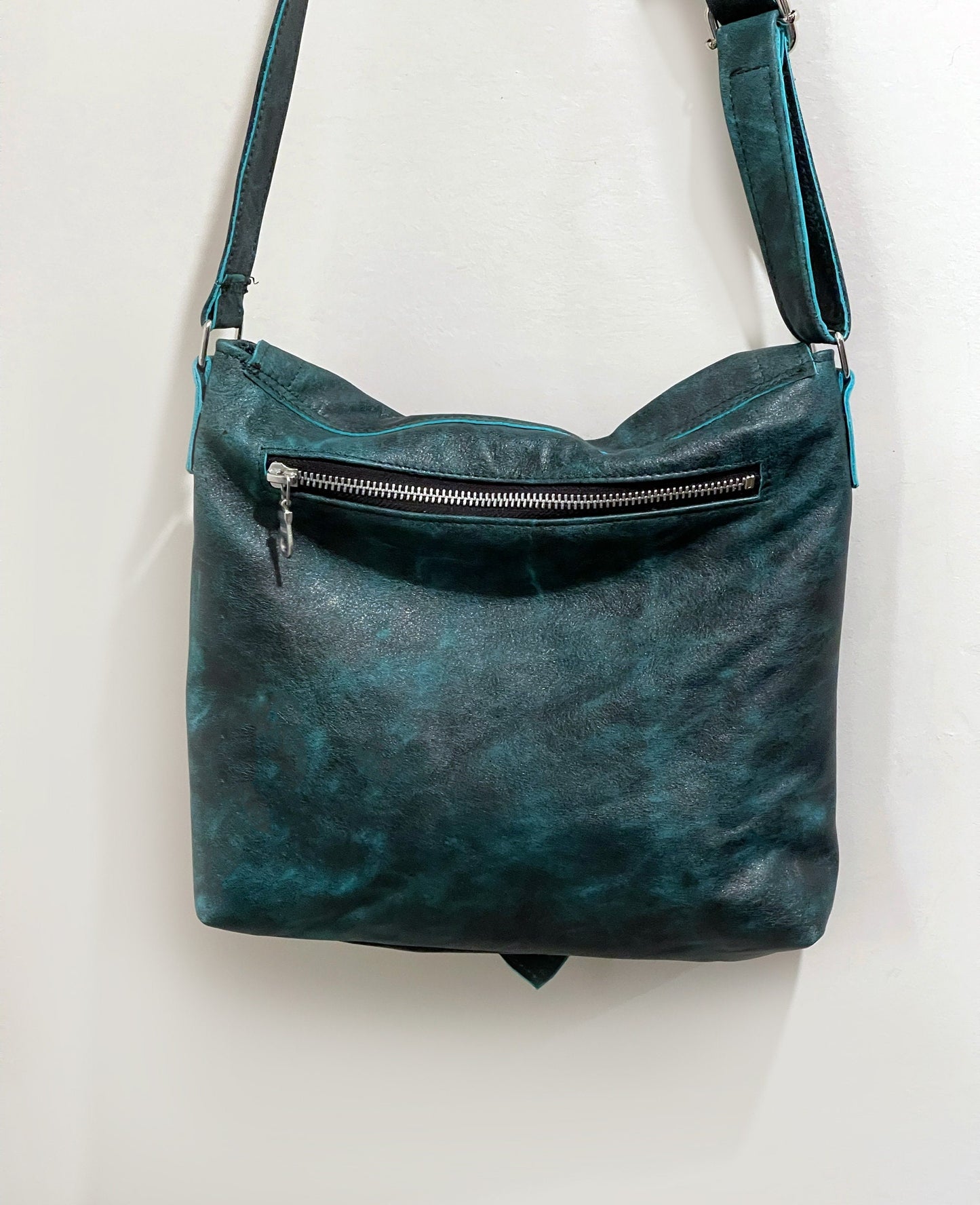 Vintage Teal Distressed leather bag, Celtic Crossbody