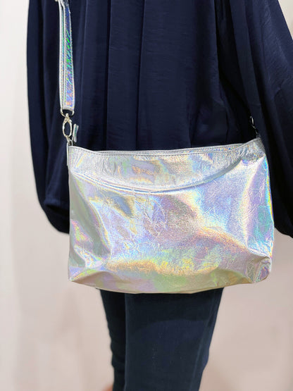 Smaller Holographic Silver crossbody bag, Italian holo leather