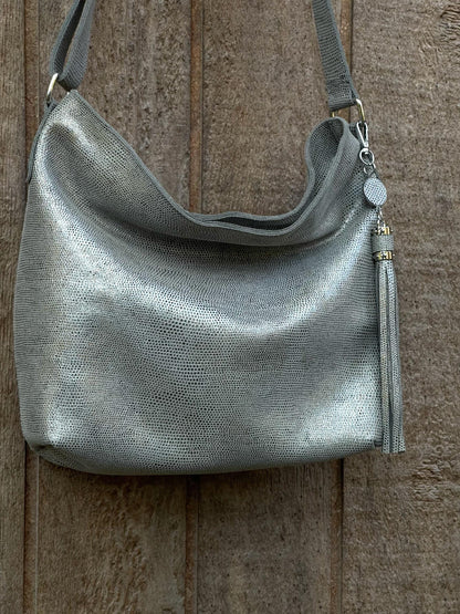 Silver Shimmer on Grey Print Hobo Bag, adjustable shoulder bag