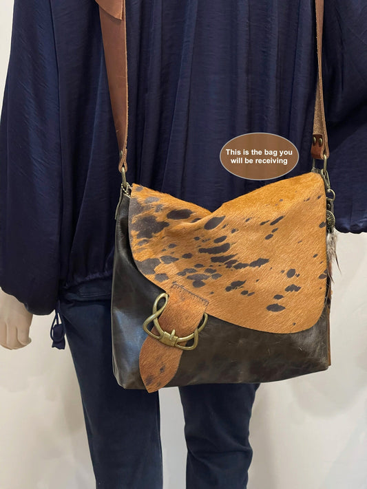 Cowhide Celtic Leather Crossbody, wide strap, vintage brown leather, OOAK IN STOCK