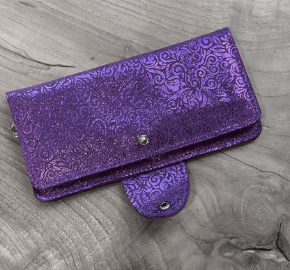 Metallic Purple Leather Wallet Purse with zipper pocket