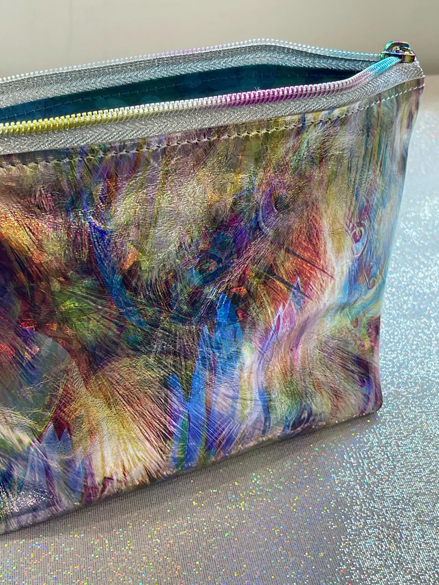 Iridescent Abstract feathers Leather makeup purse