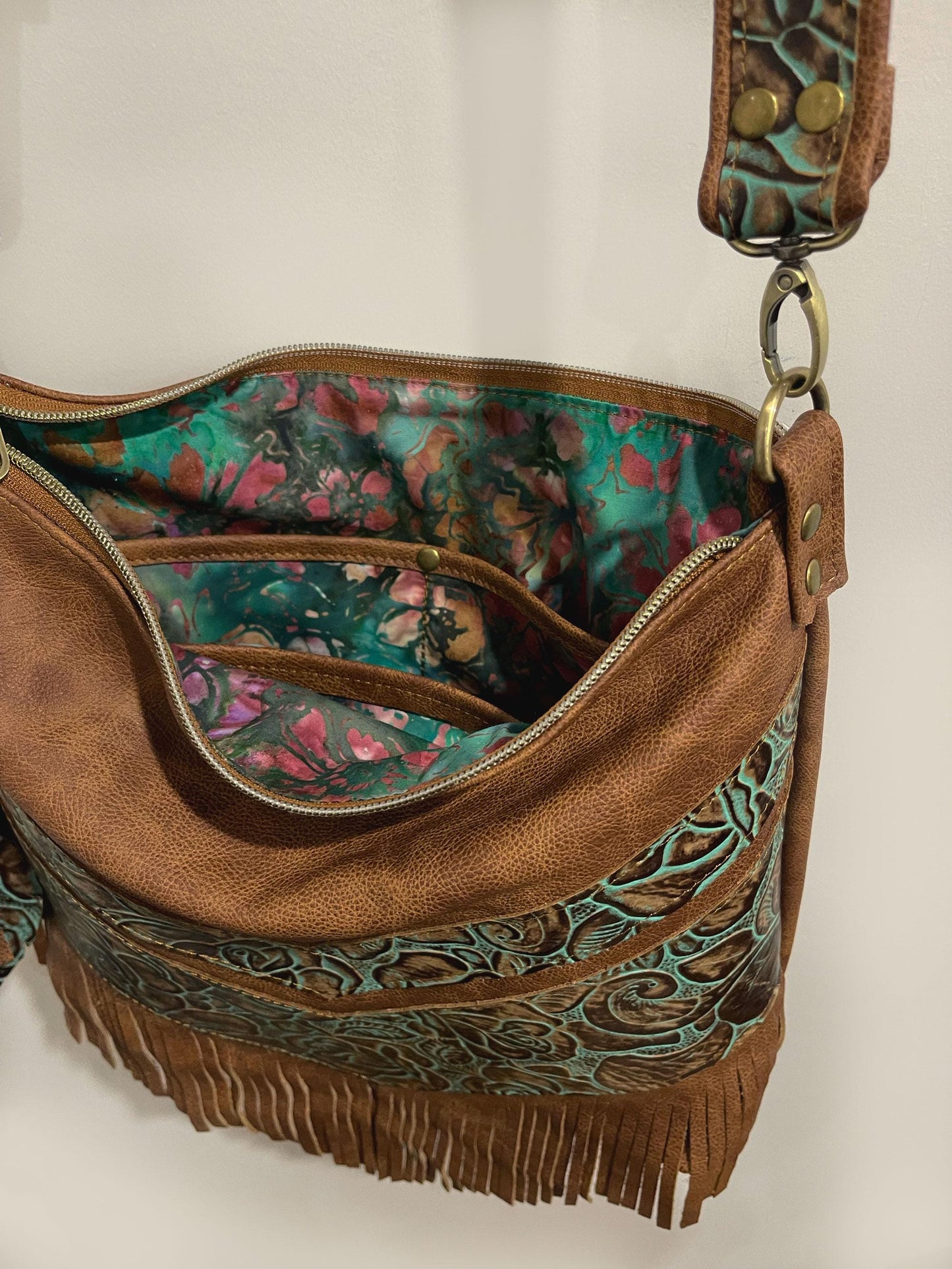 Tooled turquoise and brown Leather Fringe Bag