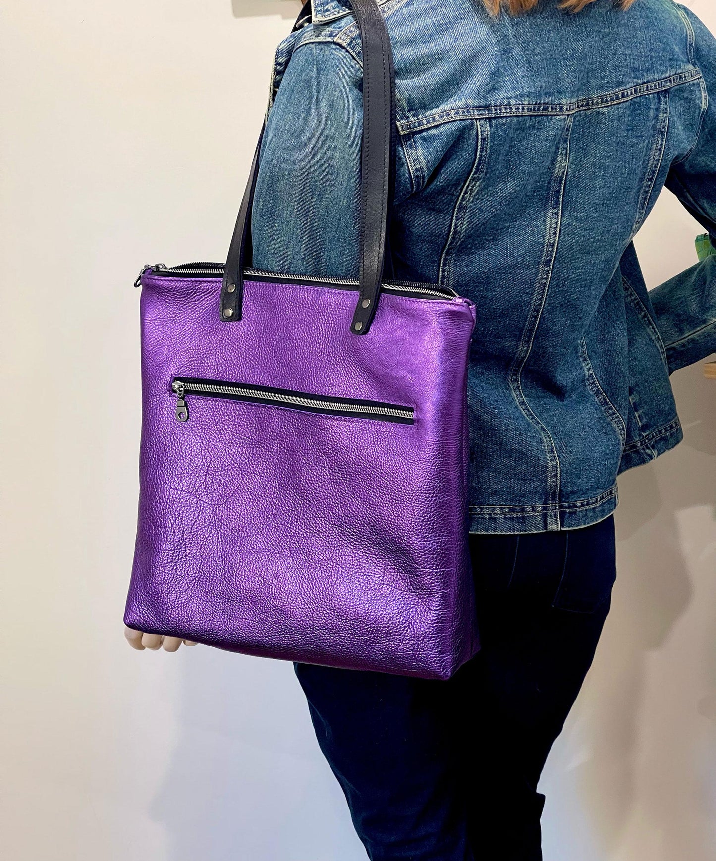 Purple Metallic Leather Backpack with Optional Tote Straps