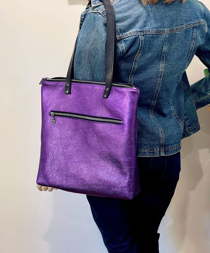 Purple Metallic Leather Backpack with Optional Tote Straps