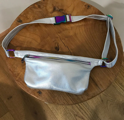 Metallic Silver Leather bum bag, Leather fanny pack