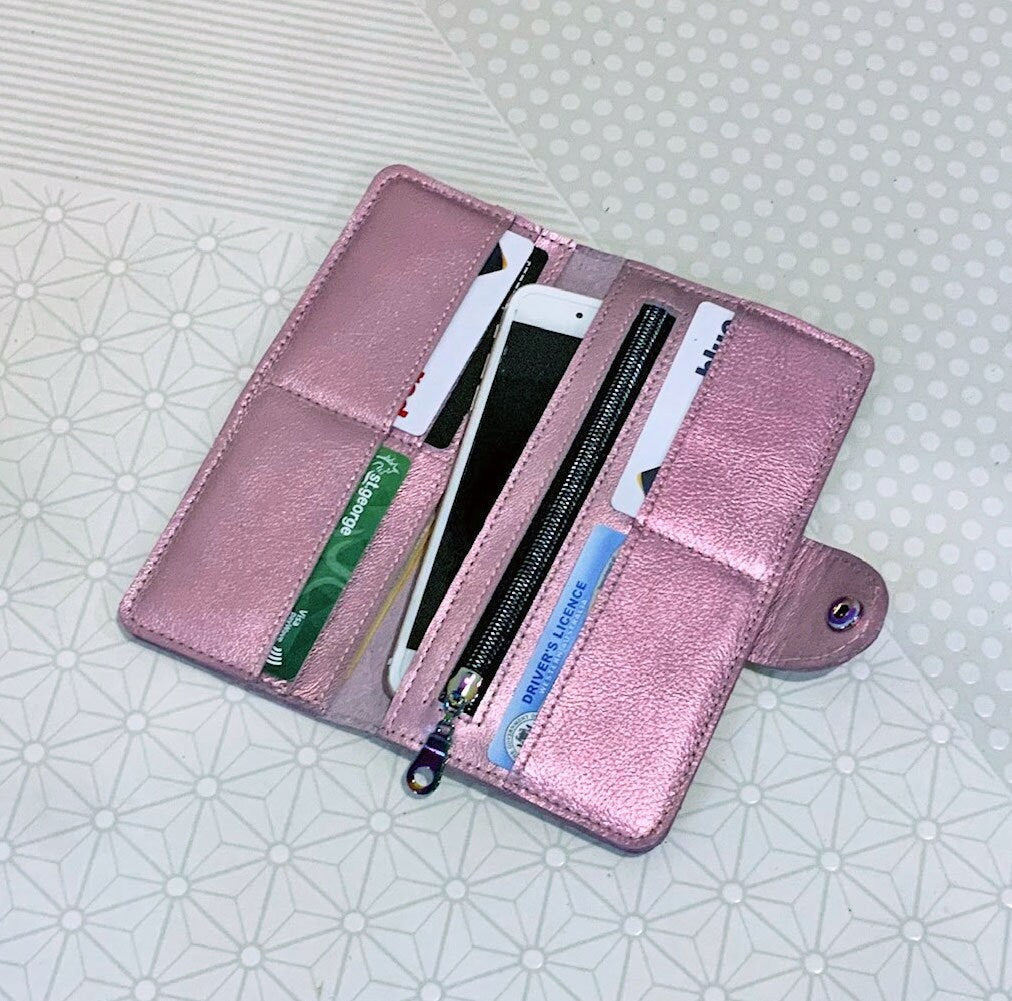 Metallic Rainbow Coral Leather wallet purse with zipper pocket