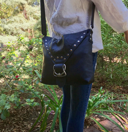 Black Celtic leather Crossbody bag with rivets