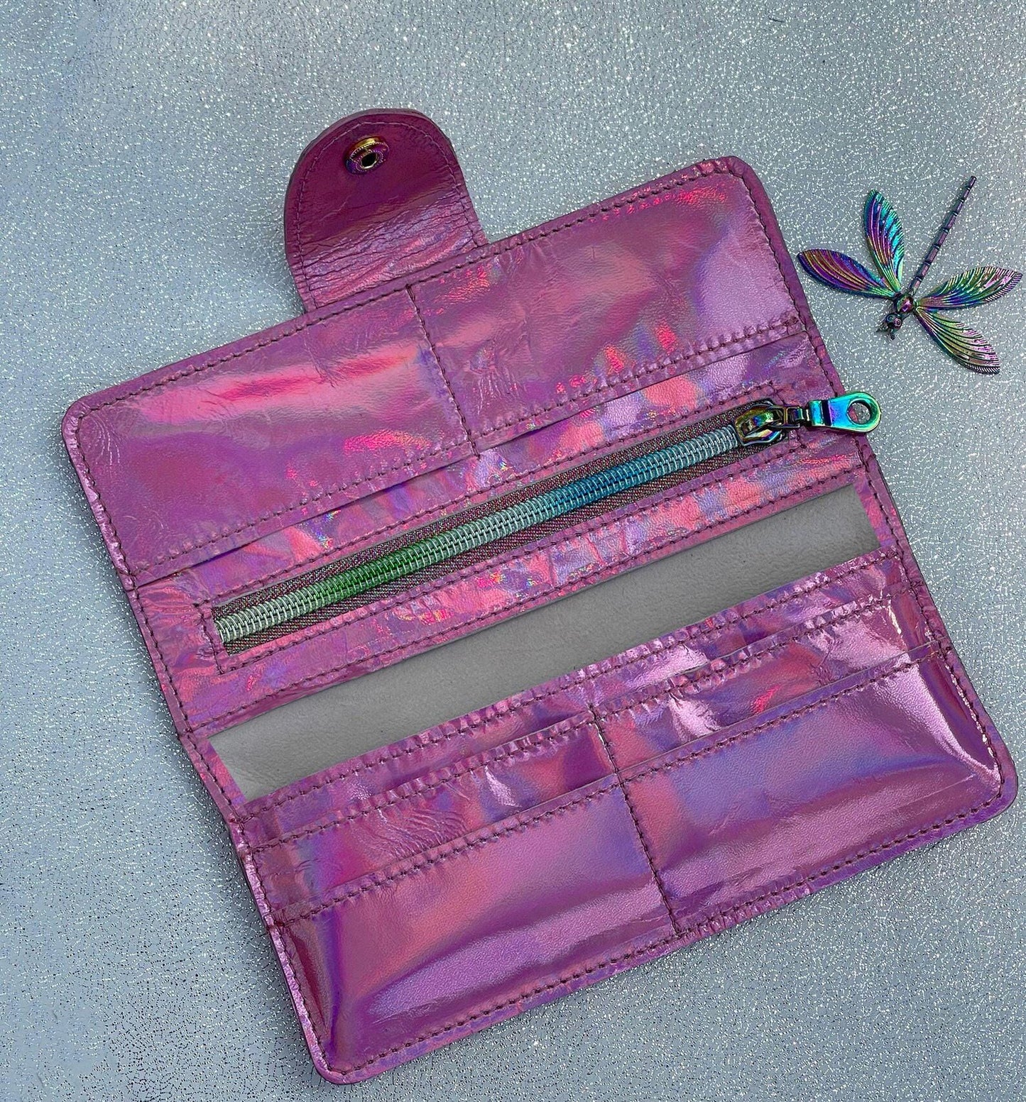 Pink Holographic Iridescent Leather Wallet Purse or wristlet, holds cards and iPhone