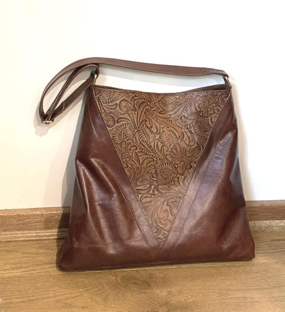 Brown tooled leather Hobo bag, Premium Leather, flower and leaf design IN STOCK