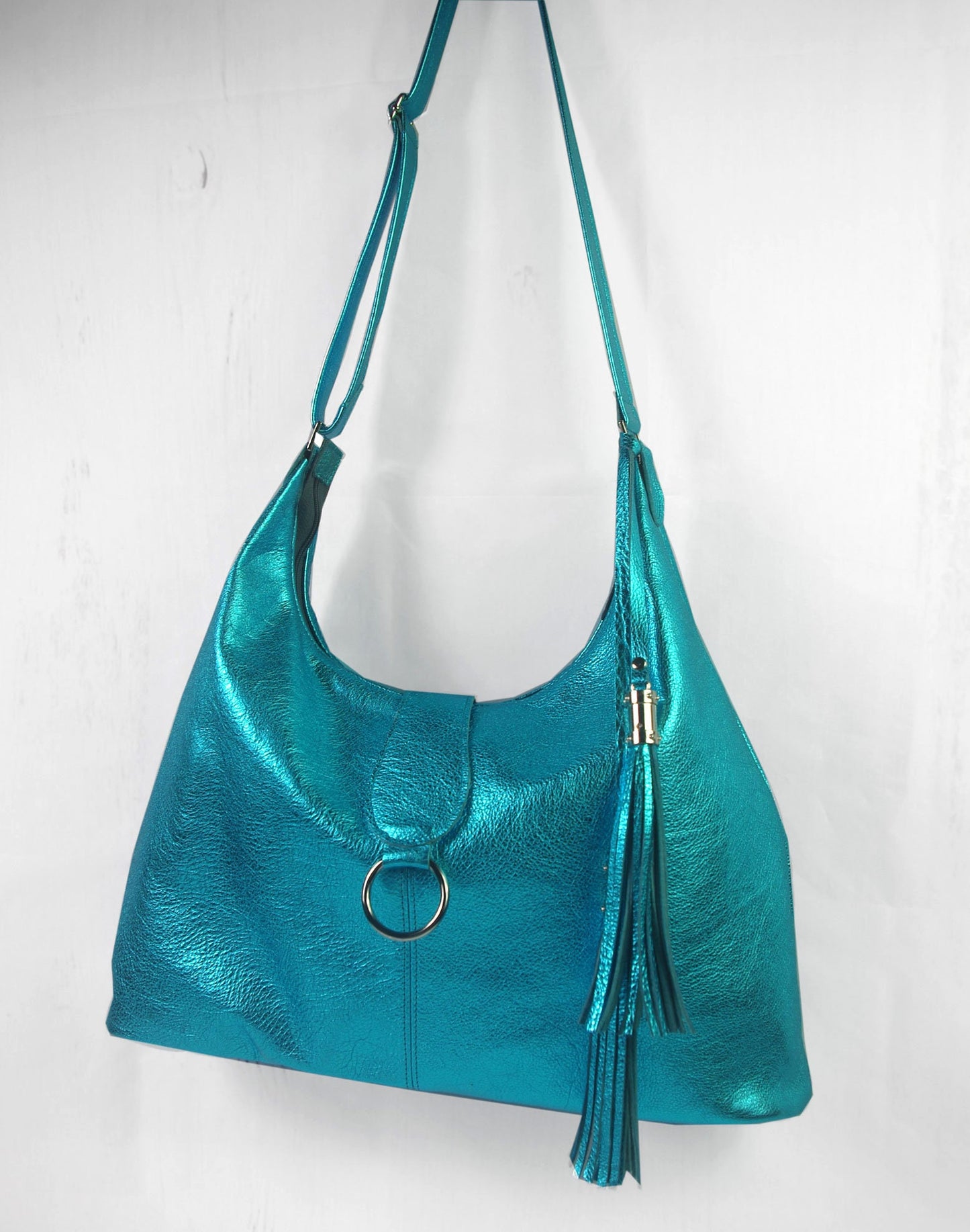 Womens metallic turquoise Italian Hobo Shoulder Bag