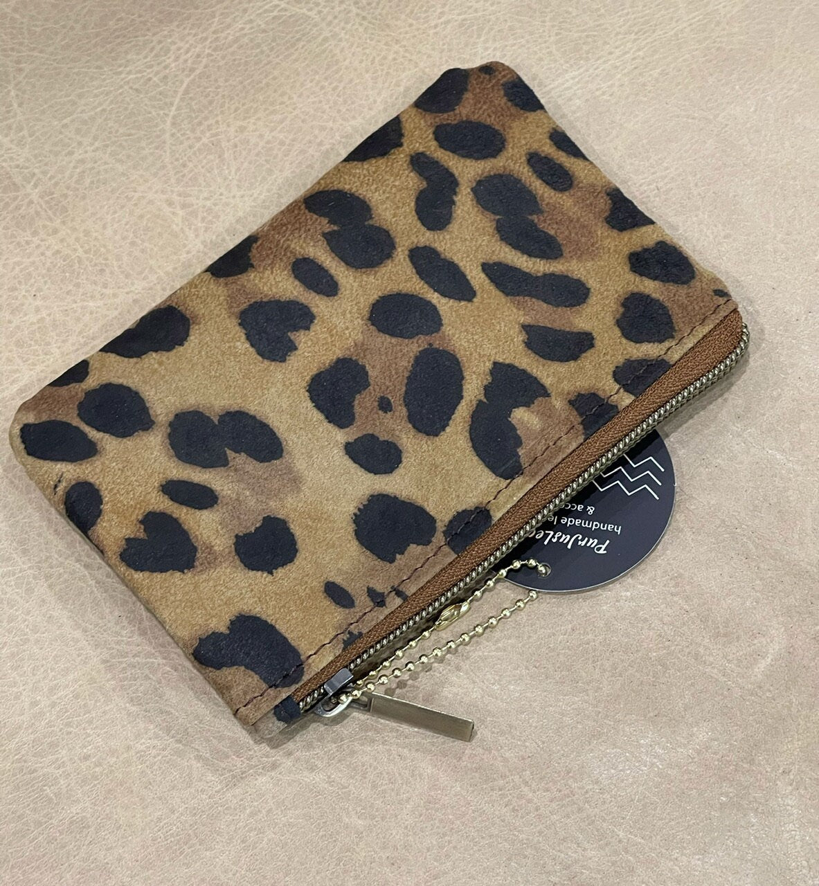 Leopard print nubuck leather zipper Purse, unlined