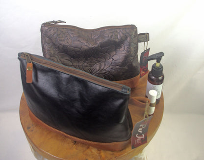 Vintage Black Leather toiletry bag, cognac contrast, Leather Dopp Kit