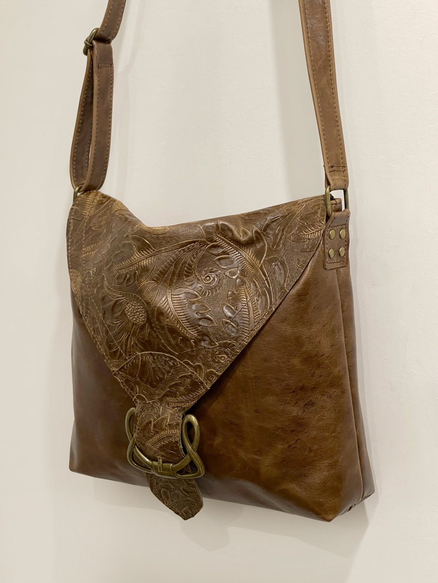 Tooled Brown Celtic Buckle leather crossbody with flap