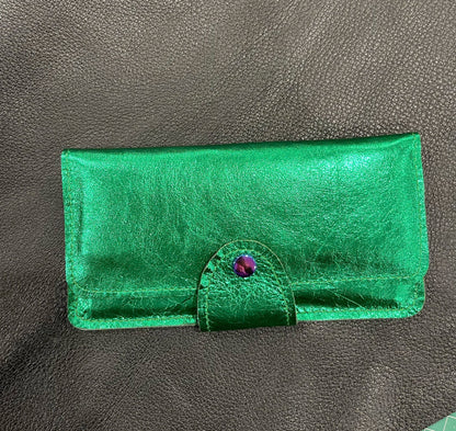 Emerald Green Metallic Leather Wallet Purse or wristlet. zipper pocket