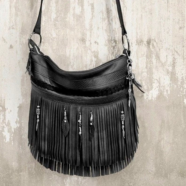 Black Double Fringe Bag, boho braided leather