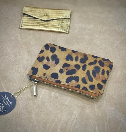 Leopard print nubuck leather zipper Purse, unlined