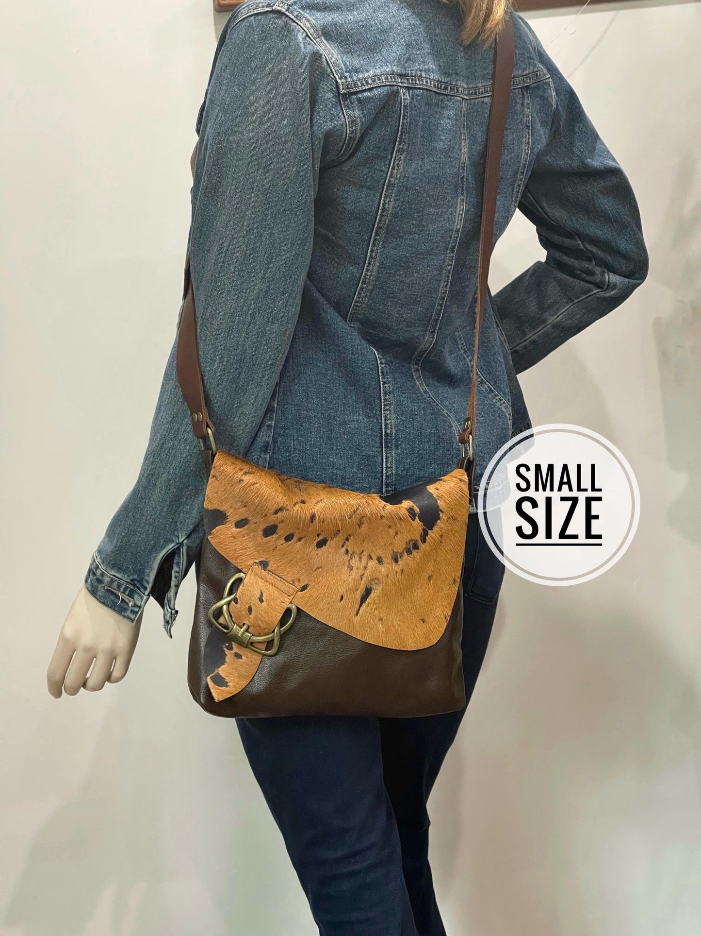 Cowhide Celtic Leather Crossbody, wide strap, OOAK cowhide
