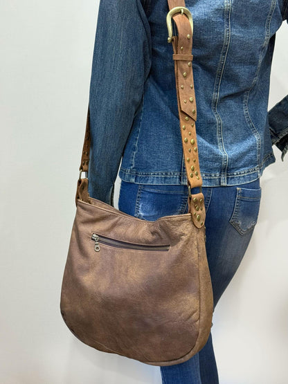 Studded Tooled brown Leather Hobo crossbody or shoulder Bag, 1 IN STOCK