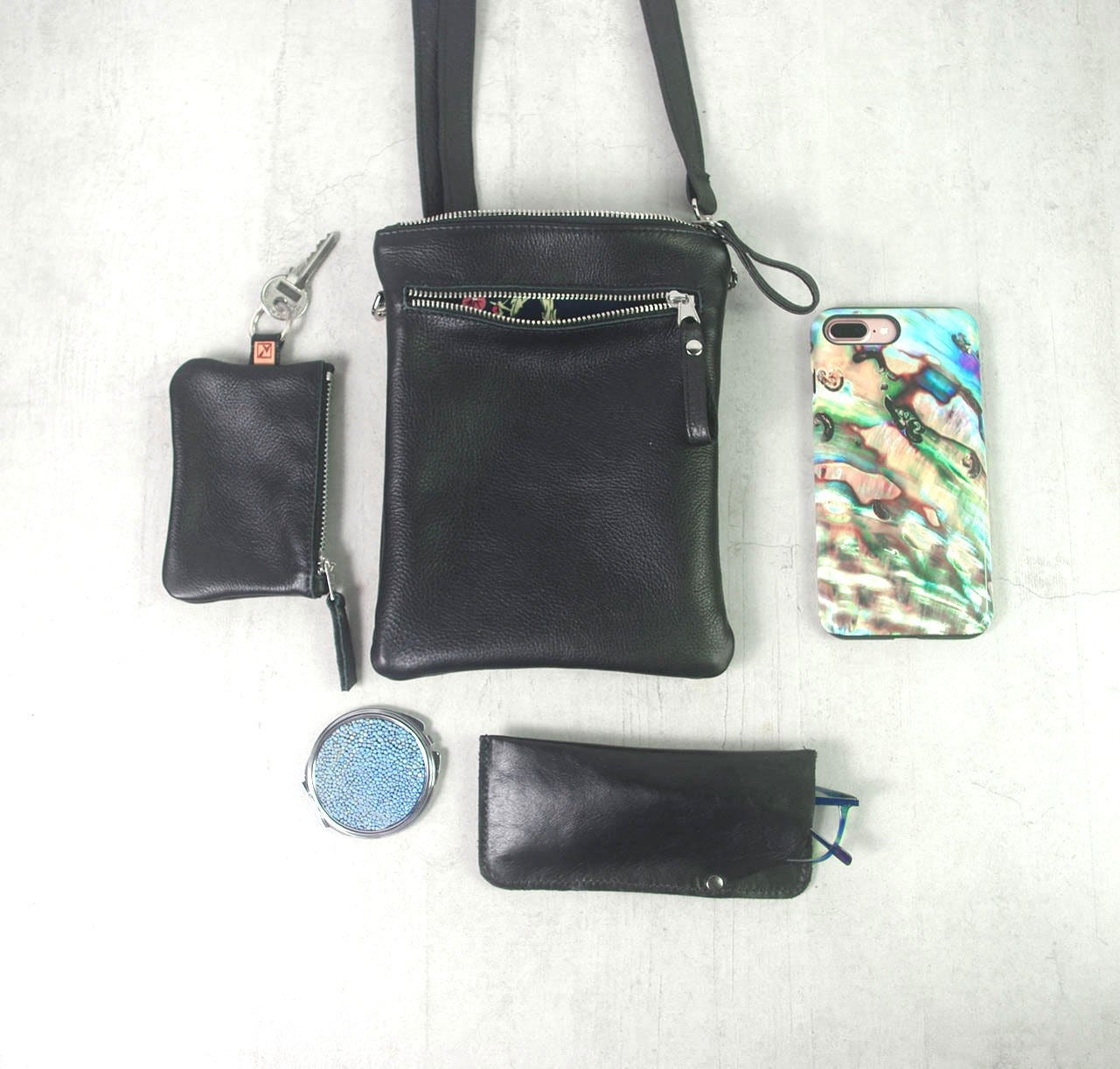Small Black Crossbody Bag, phone purse, Kindle Leather Purse