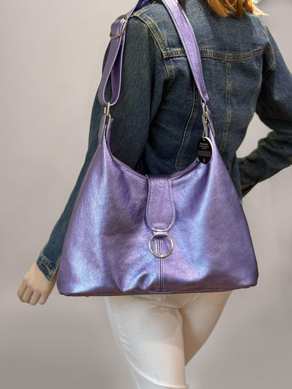 Metallic Lavender Lilac Purple Italian Hobo, premium leather