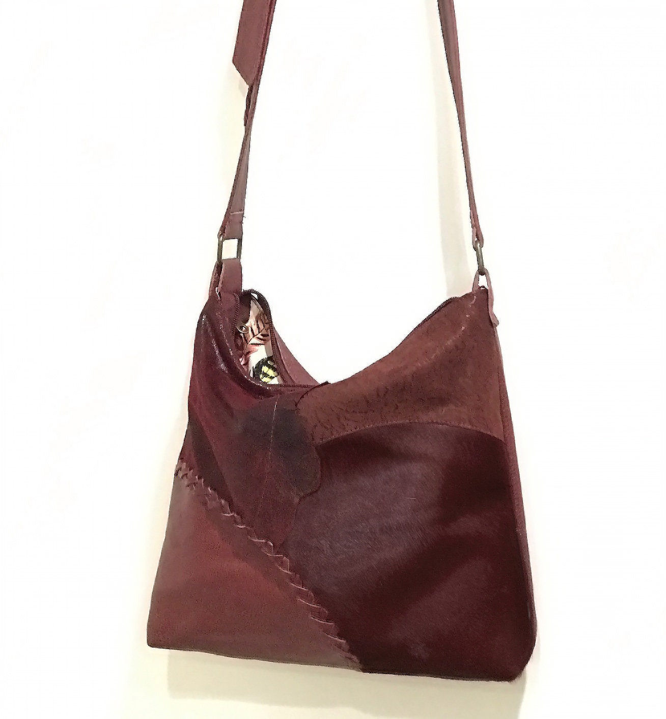Burgundy vintage cowhide leather crossbody