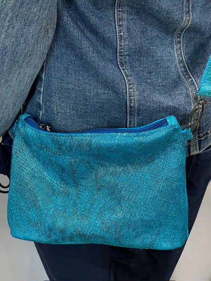 Small turquoise metallic Leather crossbody bag. 1 IN STOCK