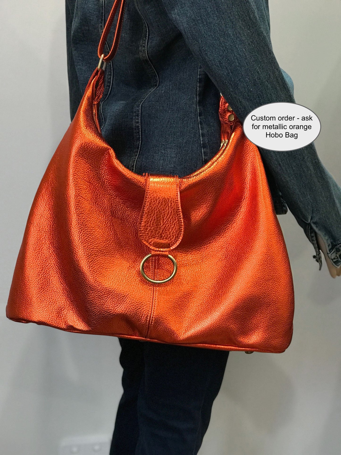 Large Mango Orange Metallic Leather Tote