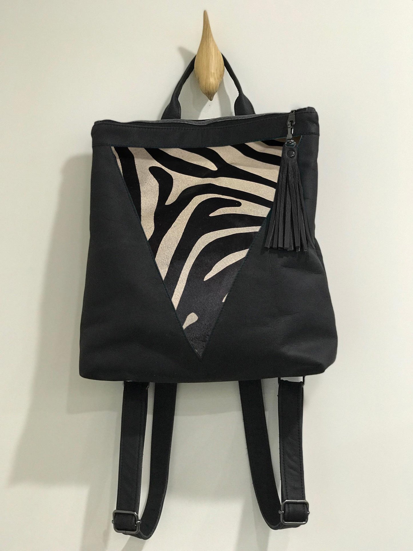 Backpack Black zebra print cowhide Leather
