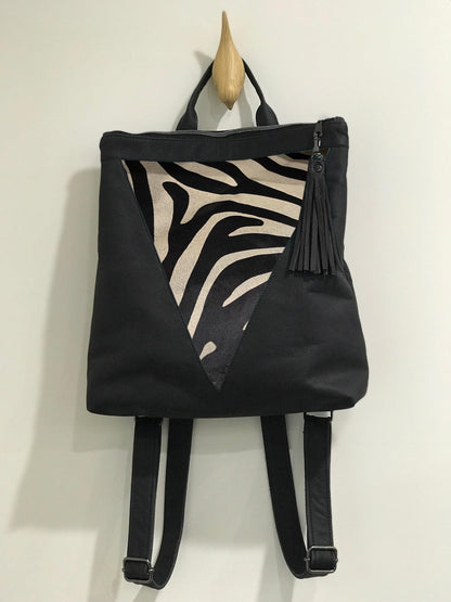 Backpack Black zebra print cowhide Leather